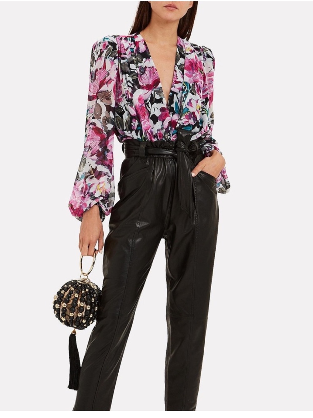 Ronny Kobo Mika floral crepe long sleeve silk bodysuit pink multicolor XS